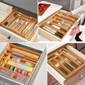 Set of images showing a wooden cutlery organizer with various utensils in different settings.
