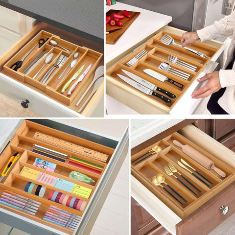 Set of images showing a wooden cutlery organizer with various utensils in different settings.
