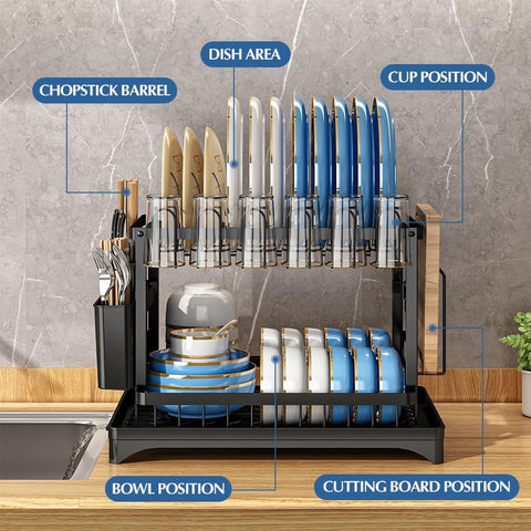 Dish drying rack with labeled sections on a kitchen counter.