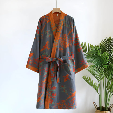 Front view of Kyoto Breeze Japanese cotton bathrobe on hanger