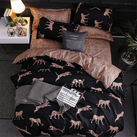 3-piece duvet cover bedding set with bold leopard pattern on queen or king bed