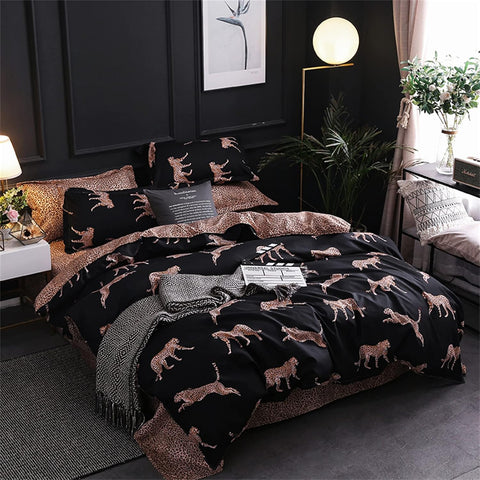 Animal print leopard duvet cover set styled in dark elegant bedroom