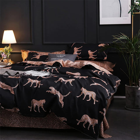 Side angle of leopard print bedding set with black and cheetah patterned cover