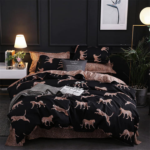 Leopard reversible duvet cover with cheetah print pillowcases in cozy modern bedroom