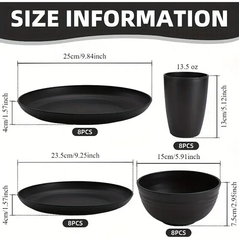 Size information chart for black ceramic dishes and cups with dimensions.