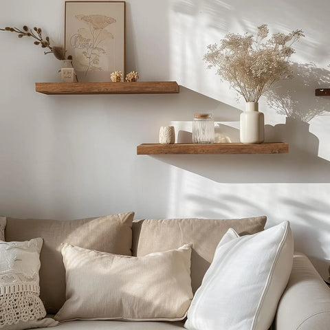 Decorative shelves with plants and decor items above a sofa with pillows.