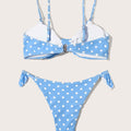  Rear view of polka dot bikini set laid flat showing clasp and tie sides
