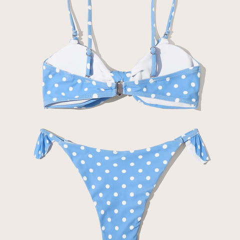 Rear view of polka dot bikini set laid flat showing clasp and tie sides