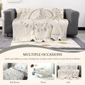 Malte Beige Cotton Boho Throw Blanket displayed on sofa with multiple occasion use including bedroom, decor, and sofa relaxation