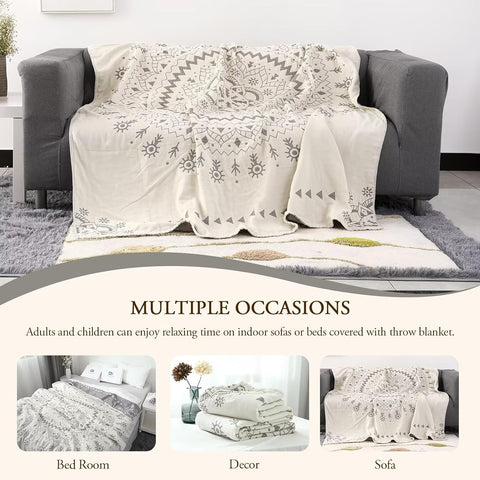 Malte Beige Cotton Boho Throw Blanket displayed on sofa with multiple occasion use including bedroom, decor, and sofa relaxation
