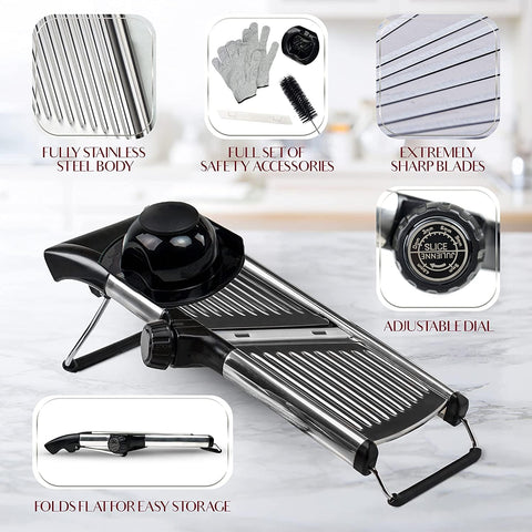 Mandoline slicer with adjustable dial and safety accessories displayed
