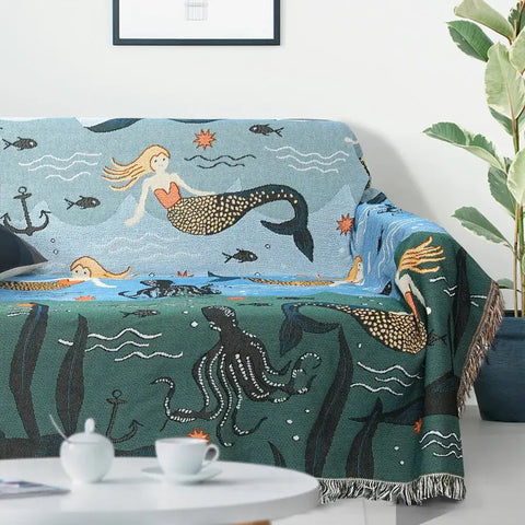 Mermaid and octopus print sofa cover with marine details