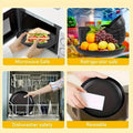 Collage of a black plate being used in various kitchen scenarios with safety labels.
