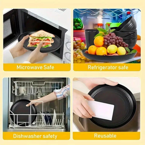 Collage of a black plate being used in various kitchen scenarios with safety labels.