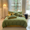 Milano houndstooth green and yellow double gauze cotton bedding set with duvet cover and pillowcases on bed