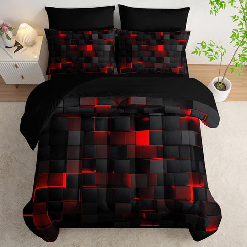 Minimalist red grid pattern bedding set with solid black sheet combo

