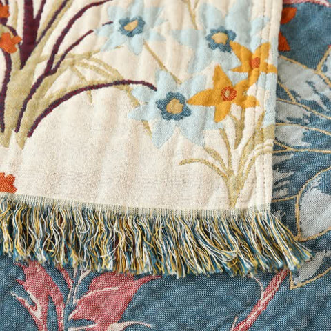 Close-up of fringe and floral texture on Mirabel reversible blanket