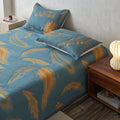 Minimalist bedroom with teal orange feather bedding set