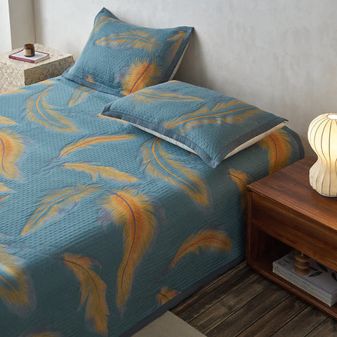 Minimalist bedroom with teal orange feather bedding set