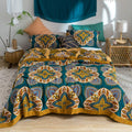 Floral cotton bedspread with Moroccan patterns in teal and ochre
