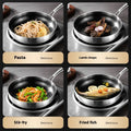 Pan with food variations – pasta, stir-fry, lamb, fish