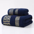 Navy blue cotton towel set with gold Greek border