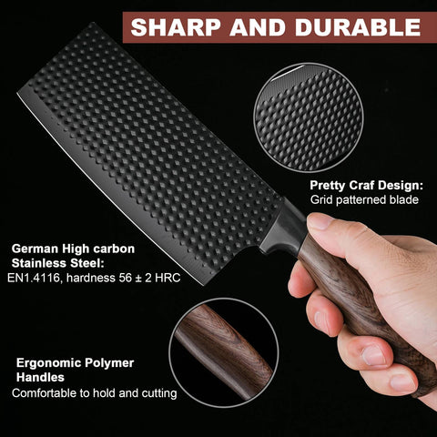 Knife with grid-patterned blade and wooden handle, held by a hand, on a black background with text highlighting features.