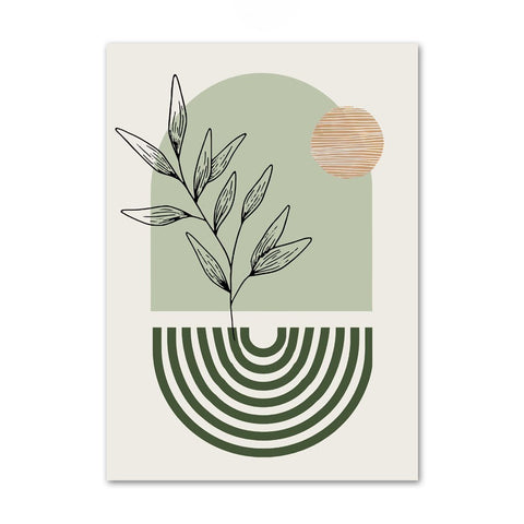 Decorative poster with abstract design featuring leaves and geometric shapes on a beige background