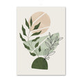 Abstract art print with green and beige shapes and leaves on a white background