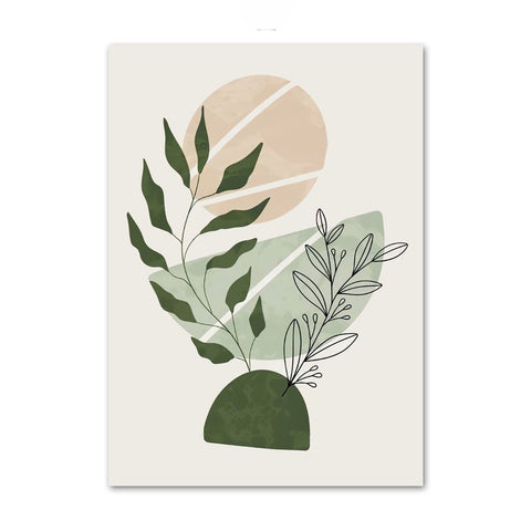 Abstract art print with green and beige shapes and leaves on a white background