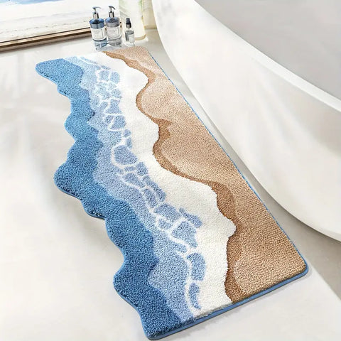 Plush ocean waves bath mat styled in modern white bathroom