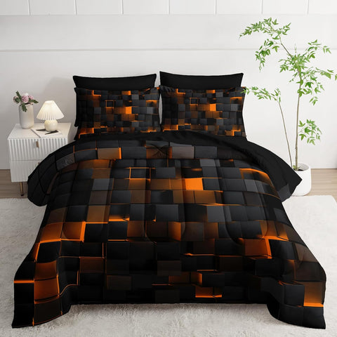 Black and orange checkered bedspread on a bed in a bedroom setting.