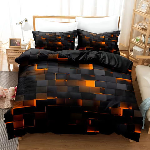 Bedding set with black and orange block pattern in a bedroom setting