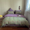 Full view of pastoral lily cotton bedding set on bed with rustic countryside style