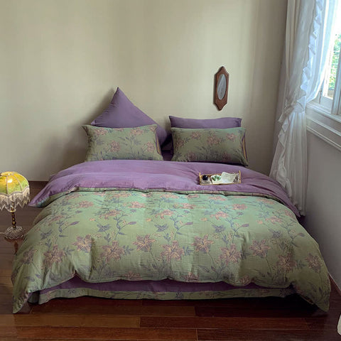 Full view of pastoral lily cotton bedding set on bed with rustic countryside style