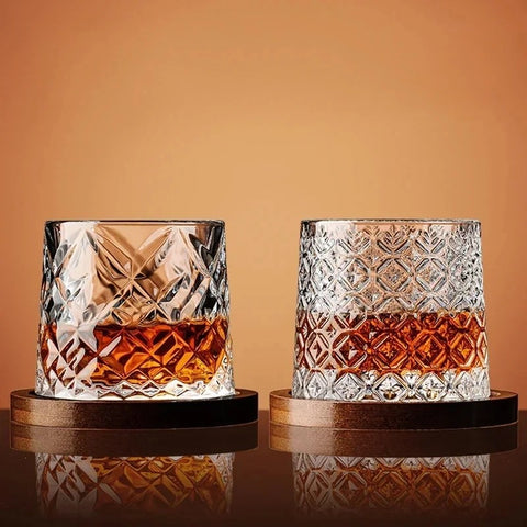 Minimalist photo of two patterned whiskey glasses side by side