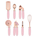 Set of kitchen utensils with pink and rose gold handles on a white background