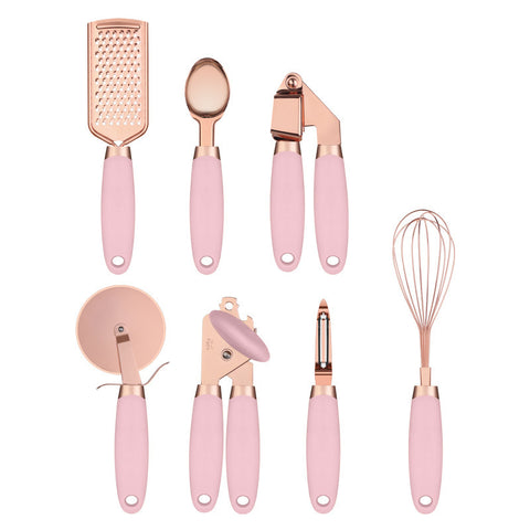 Set of kitchen utensils with pink and rose gold handles on a white background
