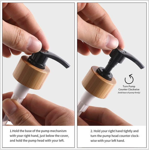 Instructions on how to use a pump mechanism with wooden top and black pump head.