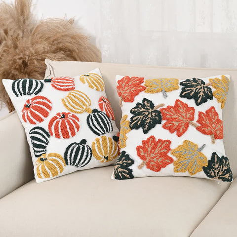 Decorative fall cushion covers and throw pillows with tufted pumpkin and maple leaf patterns