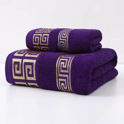 Purple towel set with bold Greek embroidery