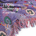 Close-up of purple boho cotton throw blanket showing intricate floral pattern and soft texture