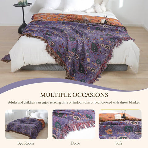 Purple boho cotton throw blanket used as couch cover, bed blanket, decorative piece, and travel blanket.