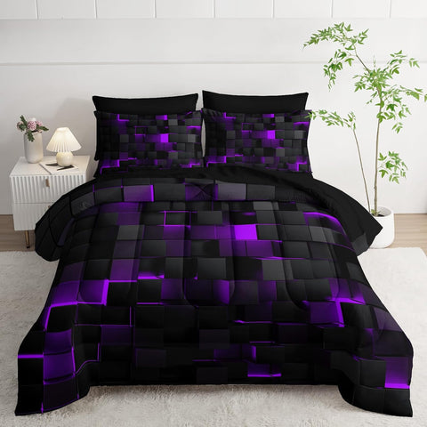 Black and purple checkered bedding set on a bed in a bedroom.
