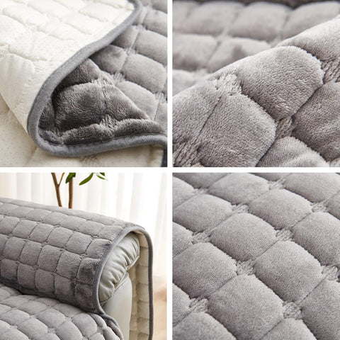Gray quilted recliner cover sofa slipcover shown from different angles with a neutral background.
