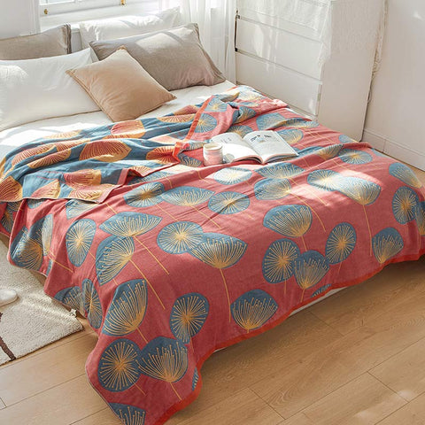 Red dandelion reversible cotton quilt spread on bed – floral summer bedding