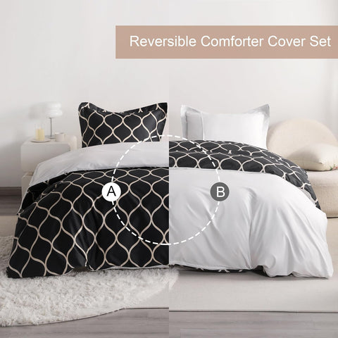 Dual-Sided Reversible Comforter Cover with Black and Beige Grid – Stylish Duvet Set