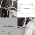 Product with 4 corner ties and a hidden zipper, shown in close-up.
