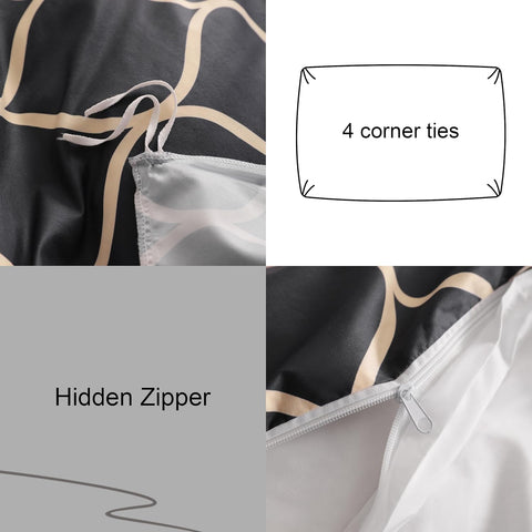 Product with 4 corner ties and a hidden zipper, shown in close-up.