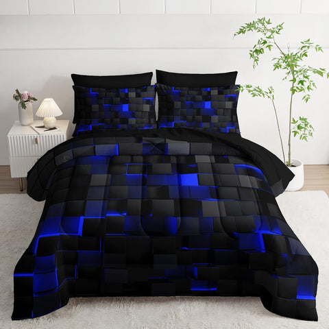 Black and blue checkered comforter set on a bed in a bedroom setting.